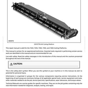 Pu&ograve; includere: Un'illustrazione di una piattaforma di taglio, una macchina agricola, &egrave; mostrata in un manuale tecnico. Il manuale include avvertenze di sicurezza e istruzioni per tecnici esperti. Il testo include il numero di modello ZX372776-UN.