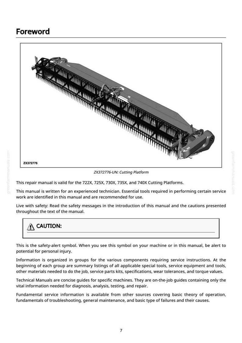 Pu&ograve; includere: Un'illustrazione di una piattaforma di taglio, una macchina agricola, &egrave; mostrata in un manuale tecnico. Il manuale include avvertenze di sicurezza e istruzioni per tecnici esperti. Il testo include il numero di modello ZX372776-UN.