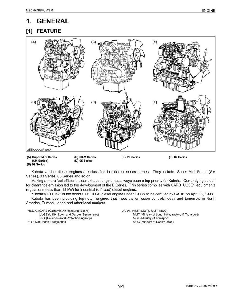 May include: Diagram of Kubota vertical diesel engines, showcasing various series including Super Mini, 03, 05, V3, and 07. The image includes detailed technical illustrations of the engines, with labels and text describing features and compliance with emission standards.