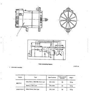 May include: Diagram of an alternator assembly, with detailed schematics and specifications. Includes a side view, top view, and internal wiring diagram. The text "ELECTRICAL SYSTEM ALTERNATOR" is at the top. Specifications include voltage, amperage, and weight.