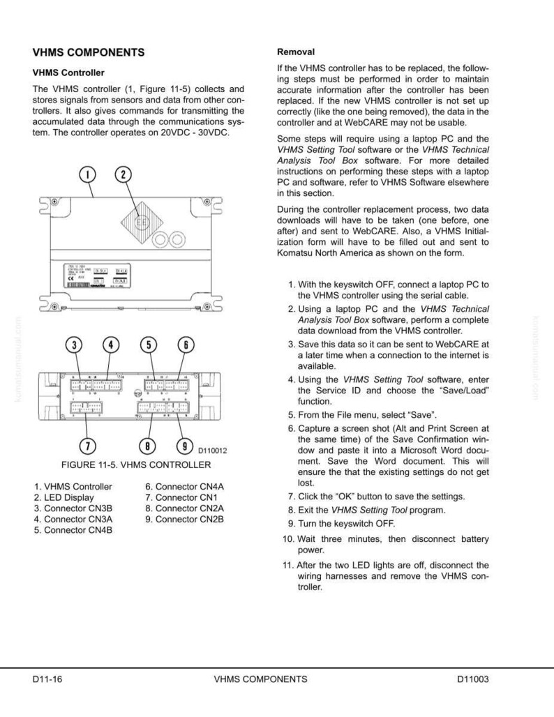 May include: Diagram of a VHMS controller with labeled components and connectors. The image includes text detailing the controller's function, operating voltage, and replacement steps. The diagram is labeled "Figure 11-5. VHMS Controller."