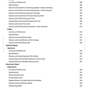 May include: A page from a manual with a table of contents. The text includes sections on steering, brakes, hydraulics, and attachment repair. Page numbers are listed to the right of each section.