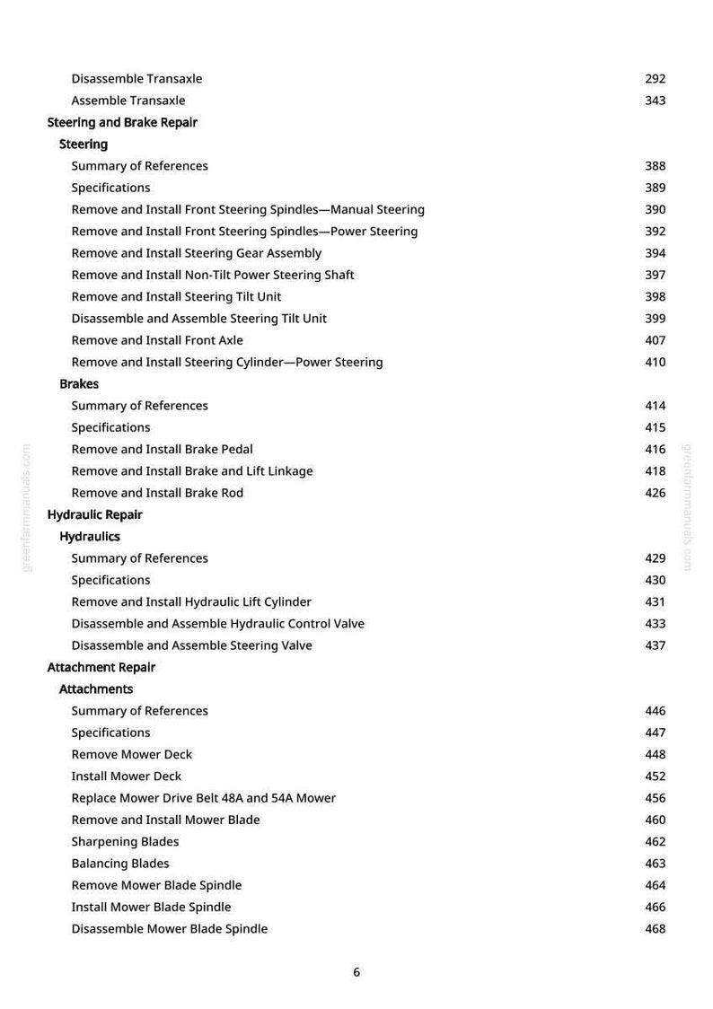 May include: A page from a manual with a table of contents. The text includes sections on steering, brakes, hydraulics, and attachment repair. Page numbers are listed to the right of each section.