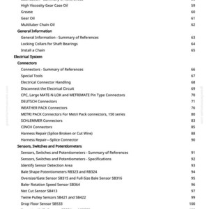 Może przedstawiać: Biała strona z instrukcji z indeksem. Tekst zawiera sekcje dotyczące smarowania, układ&oacute;w elektrycznych, złączy i czujnik&oacute;w. Numery stron są wymienione.