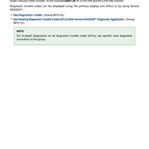 May include: A white page with the title "Diagnostic Trouble Codes (DTCs)". The text explains DTC numbers, SPN, and FMI. Includes links to "Diagnostics-Codes" and "Reading Diagnostic Trouble Codes (DTCs)". A note provides further diagnostic information.