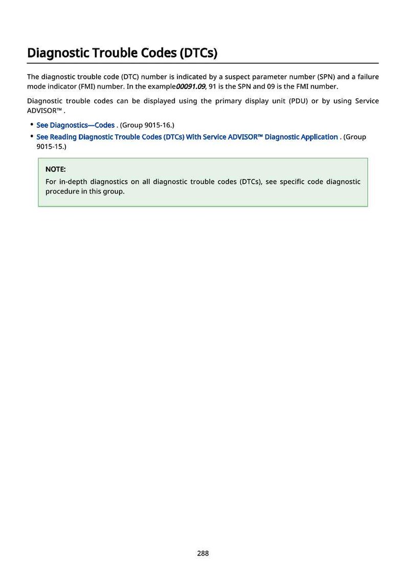 May include: A white page with the title "Diagnostic Trouble Codes (DTCs)". The text explains DTC numbers, SPN, and FMI. Includes links to "Diagnostics-Codes" and "Reading Diagnostic Trouble Codes (DTCs)". A note provides further diagnostic information.