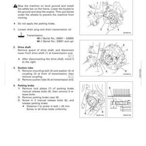 Puede incluir: Diagrama de extracci&oacute;n del disco del freno de estacionamiento, con pasos numerados e ilustraciones. Incluye instrucciones para aflojar el tap&oacute;n de drenaje, retirar el eje de transmisi&oacute;n, el tubo de succi&oacute;n y los componentes del freno de estacionamiento. Medidas en mm.