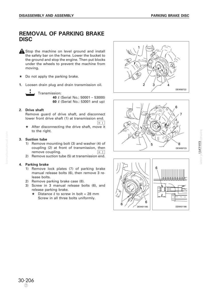Puede incluir: Diagrama de extracci&oacute;n del disco del freno de estacionamiento, con pasos numerados e ilustraciones. Incluye instrucciones para aflojar el tap&oacute;n de drenaje, retirar el eje de transmisi&oacute;n, el tubo de succi&oacute;n y los componentes del freno de estacionamiento. Medidas en mm.