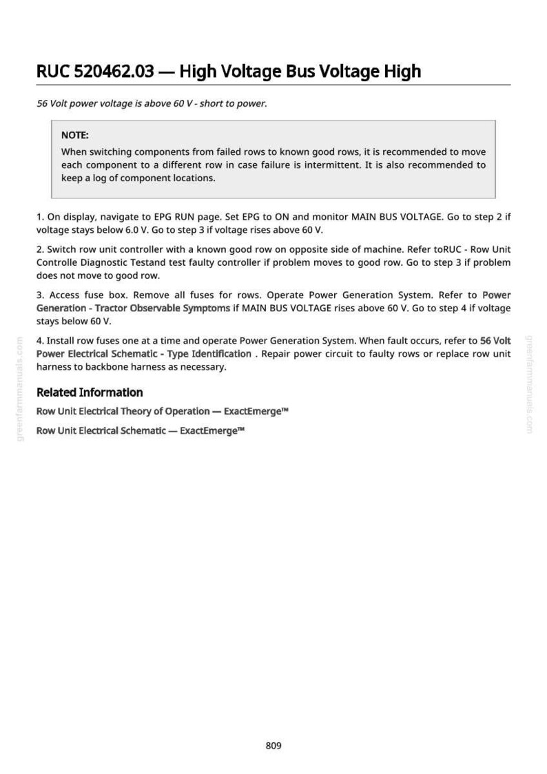 May include: A technical document titled "RUC 520462.03 - High Voltage Bus Voltage High." The document provides instructions for troubleshooting and maintenance, with a focus on voltage monitoring and component replacement. The text is in black font on a white background.