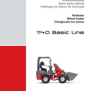 May include: A brochure for Weidemann wheel loaders. The cover features the Weidemann logo, product names in multiple languages, and a red and gray wheel loader model. The text "1140 Basic Line" is prominently displayed.