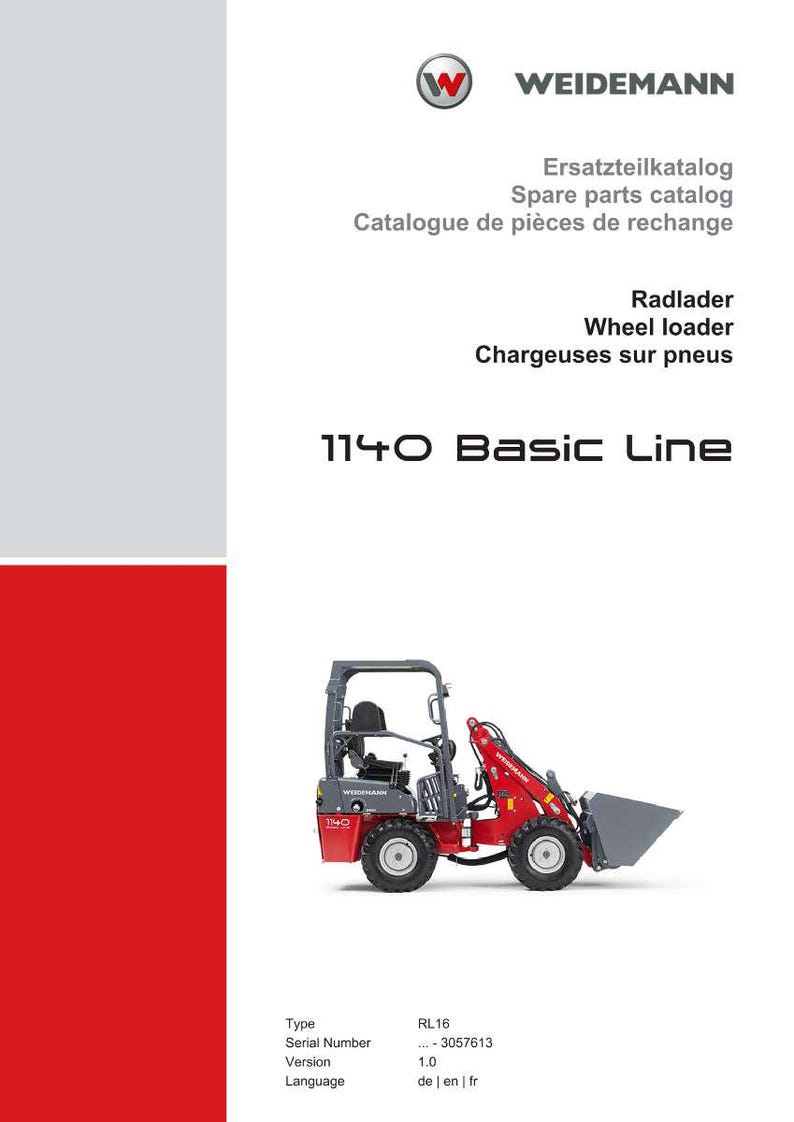 May include: A brochure for Weidemann wheel loaders. The cover features the Weidemann logo, product names in multiple languages, and a red and gray wheel loader model. The text "1140 Basic Line" is prominently displayed.