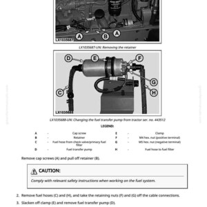 Pode incluir: Diagrama do sistema de combust&iacute;vel de um trator com componentes rotulados. Inclui uma bomba de transfer&ecirc;ncia de combust&iacute;vel, mangueiras e um filtro. O texto indica as etapas para remover e substituir pe&ccedil;as, com um aviso de seguran&ccedil;a.