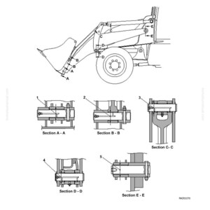 May include: Diagram of front working equipment, including a loader bucket, wheel, and various sectional views labeled A through E. The text "STRUCTURE AND FUNCTION" and "FRONT WORKING EQUIPMENT" are at the top. The model numbers WB140PS-2N and WB150PS-2N are at the bottom.