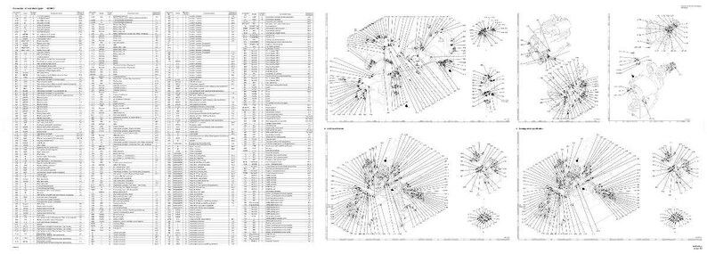 May include: A detailed technical diagram with multiple sections. The left side features a long list of text in columns. The right side displays several geometric diagrams with lines and points, all in black and white.