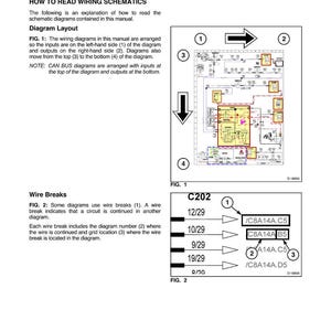 May include: A page from a manual titled "General Information" with instructions on reading wiring schematics. The diagram layout shows inputs on the left and outputs on the right. Includes examples of wire breaks and diagram references.