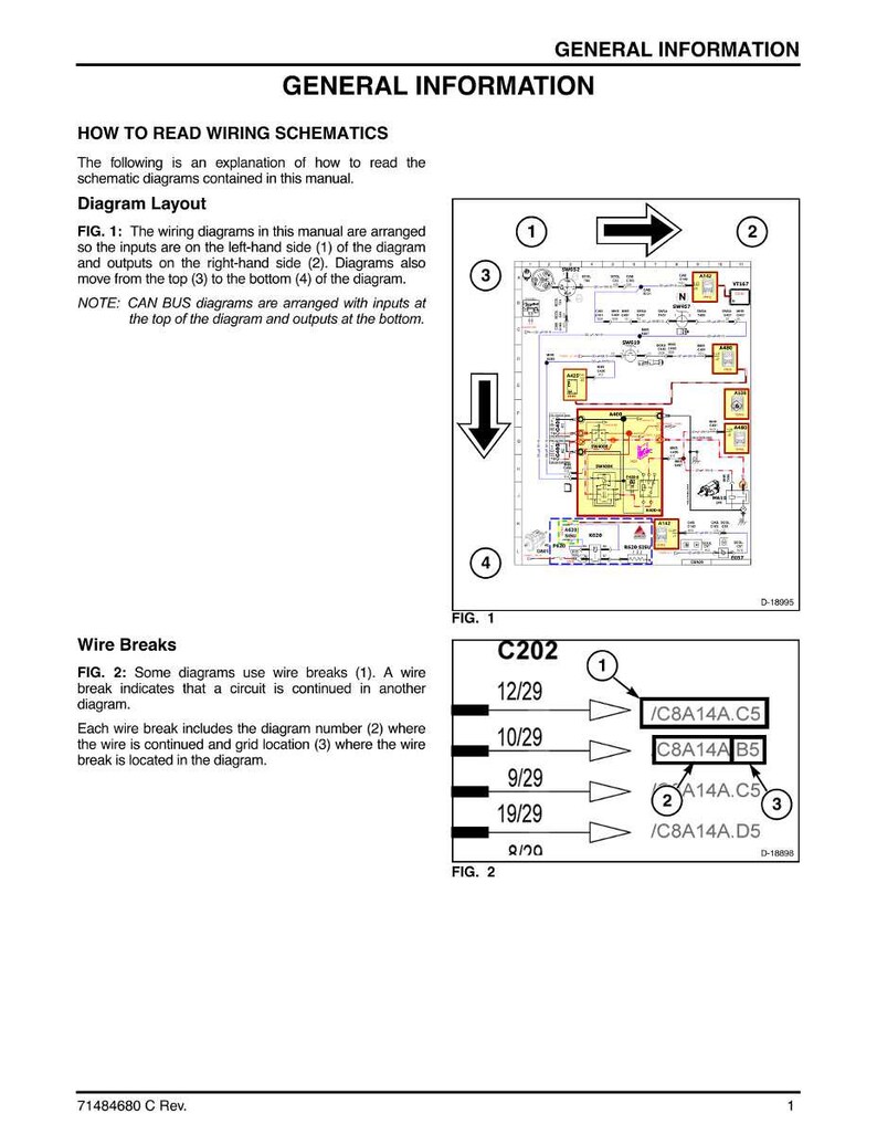 May include: A page from a manual titled "General Information" with instructions on reading wiring schematics. The diagram layout shows inputs on the left and outputs on the right. Includes examples of wire breaks and diagram references.