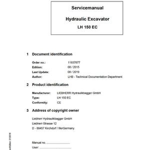 K&ouml;nnte beinhalten: Ein wei&szlig;es Dokument mit dem Titel "Servicemanual" f&uuml;r einen Hydraulikbagger, Modell LH 150 EC. Das Dokument enth&auml;lt Details wie Bestellnummer, Ausgabe und Herstellerinformationen. Das Liebherr-Logo befindet sich unten.