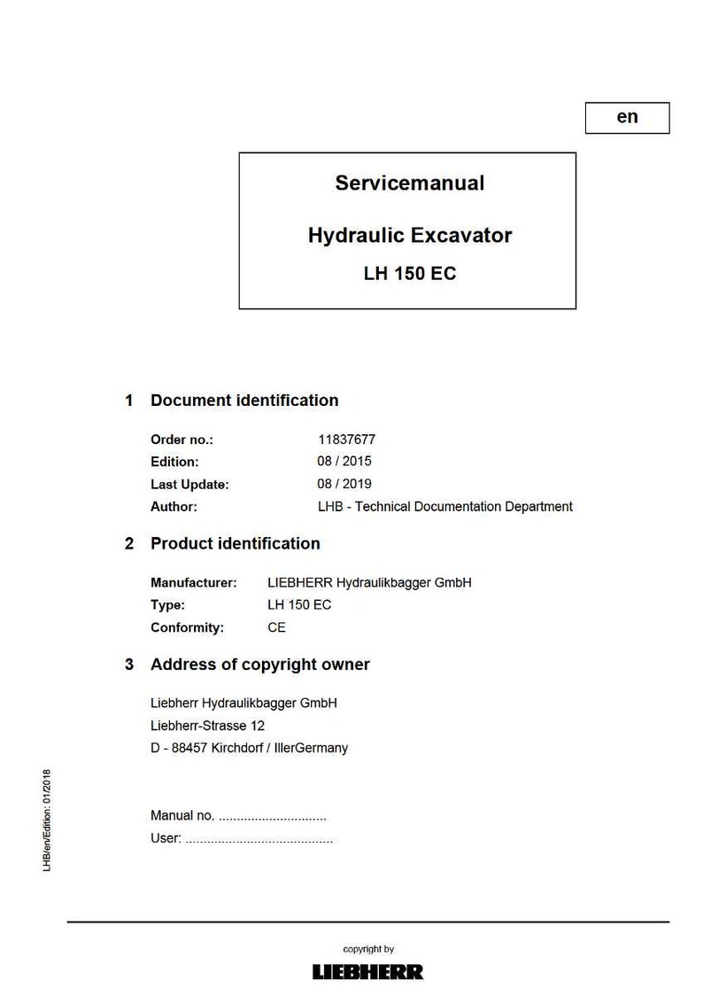 K&ouml;nnte beinhalten: Ein wei&szlig;es Dokument mit dem Titel "Servicemanual" f&uuml;r einen Hydraulikbagger, Modell LH 150 EC. Das Dokument enth&auml;lt Details wie Bestellnummer, Ausgabe und Herstellerinformationen. Das Liebherr-Logo befindet sich unten.