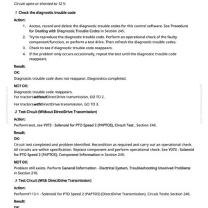 May include: A page from a manual detailing troubleshooting steps for a solenoid related to PTO Speed 2, with voltage too high. The text includes diagnostic procedures, results, and circuit tests for tractors with and without DirectDrive transmission.