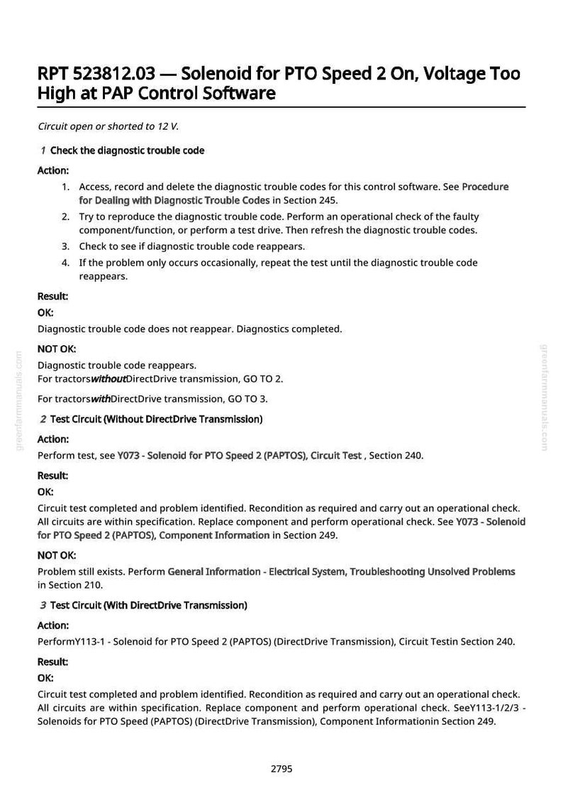 May include: A page from a manual detailing troubleshooting steps for a solenoid related to PTO Speed 2, with voltage too high. The text includes diagnostic procedures, results, and circuit tests for tractors with and without DirectDrive transmission.