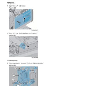 Op de afbeelding: Een reparatiehandleiding getiteld "TGU Controller" met stapsgewijze instructies voor het verwijderen van de TGU-controller. De handleiding bevat diagrammen en genummerde stappen voor het openen van deuren, het loskoppelen van draden en het verwijderen van bouten.