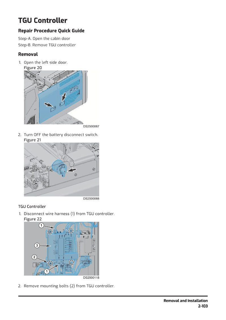 Op de afbeelding: Een reparatiehandleiding getiteld "TGU Controller" met stapsgewijze instructies voor het verwijderen van de TGU-controller. De handleiding bevat diagrammen en genummerde stappen voor het openen van deuren, het loskoppelen van draden en het verwijderen van bouten.