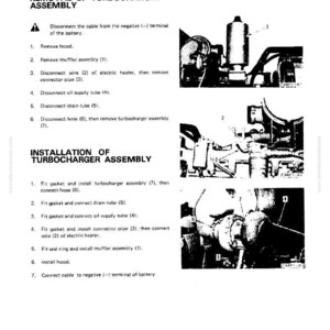Op de afbeelding: Een zwart-wit technische tekening met instructies voor het verwijderen en installeren van een turbocharger-assemblage. De tekening bevat genummerde stappen en illustraties van motoronderdelen.