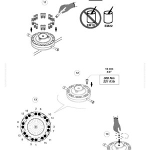 May include: Technical diagram with multiple circular components, bolts, and diagrams. Includes measurements of 16 mm and 5/8 inches, along with a torque specification of 300 Nm and 221 ft.lb. The diagram also features warning symbols and the Komatsu logo.