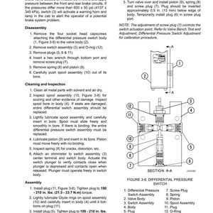 May include: Diagram of a differential pressure switch with labeled parts, including the switch assembly, valve body, and various plugs and springs. Instructions for disassembly, cleaning, inspection, and assembly are also provided.