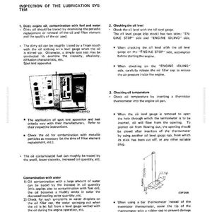 K&ouml;nnte beinhalten: Eine Seite aus einem Handbuch mit dem Titel "Schmiersystem" mit Text und Diagrammen zur Inspektion, &Uuml;berpr&uuml;fung des &Ouml;lstands und der Temperatur. Enth&auml;lt eine Diagramm eines Thermometers mit Messungen in Millimetern.