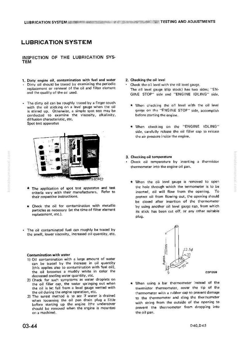 K&ouml;nnte beinhalten: Eine Seite aus einem Handbuch mit dem Titel "Schmiersystem" mit Text und Diagrammen zur Inspektion, &Uuml;berpr&uuml;fung des &Ouml;lstands und der Temperatur. Enth&auml;lt eine Diagramm eines Thermometers mit Messungen in Millimetern.