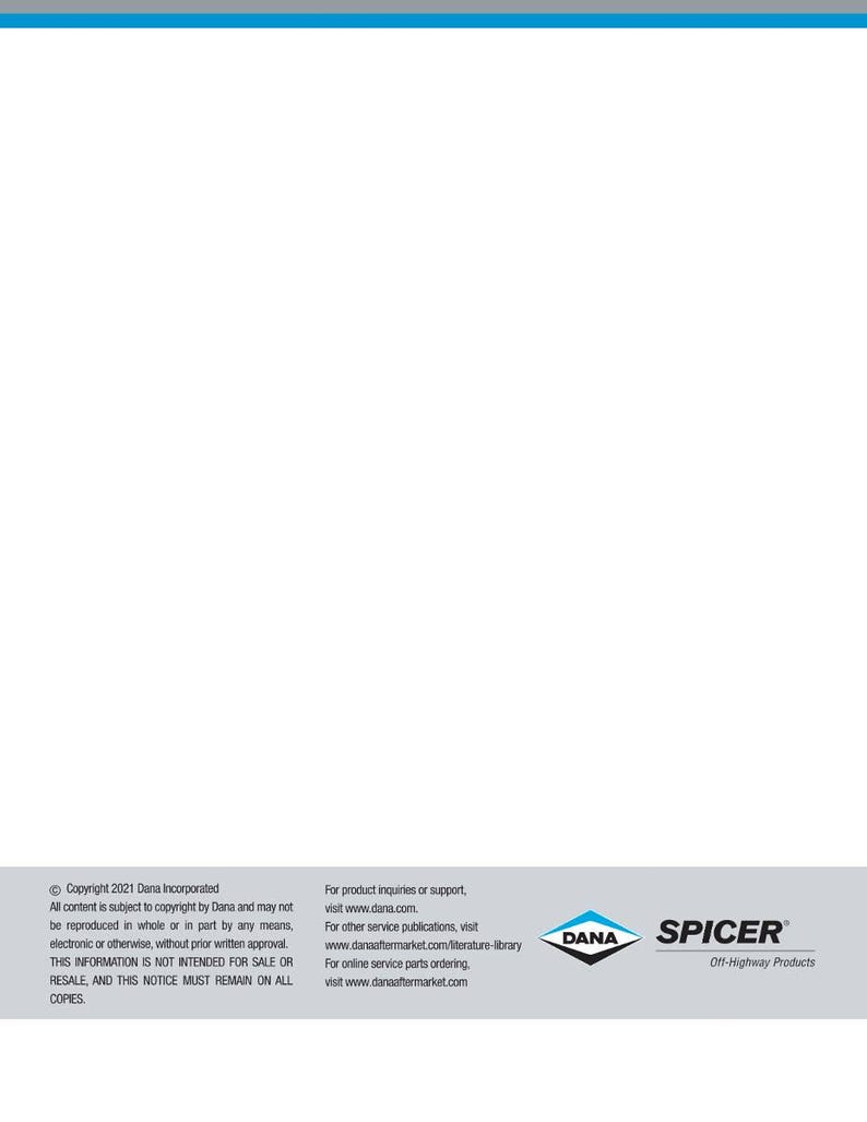 May include: A white background with a thin blue stripe at the top. The bottom of the image contains text, including copyright information, website addresses, and the Dana and Spicer logos. The text is in black.