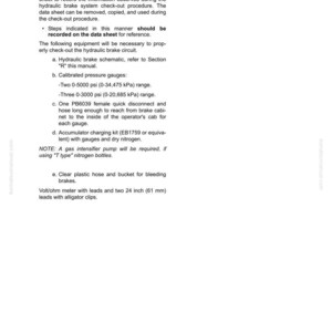 K&ouml;nnte beinhalten: Eine Manuellseite mit der &Uuml;berschrift &bdquo;BEN&Ouml;TIGTES ZUBEH&Ouml;R&ldquo; mit einer Liste der f&uuml;r ein hydraulisches Bremskreislauf-Check-out-Verfahren erforderlichen Werkzeuge. Der Text umfasst kalibrierte Manometer, ein Ladeset und ein Volt/Ohm-Messger&auml;t mit 61 mm Leitungen.