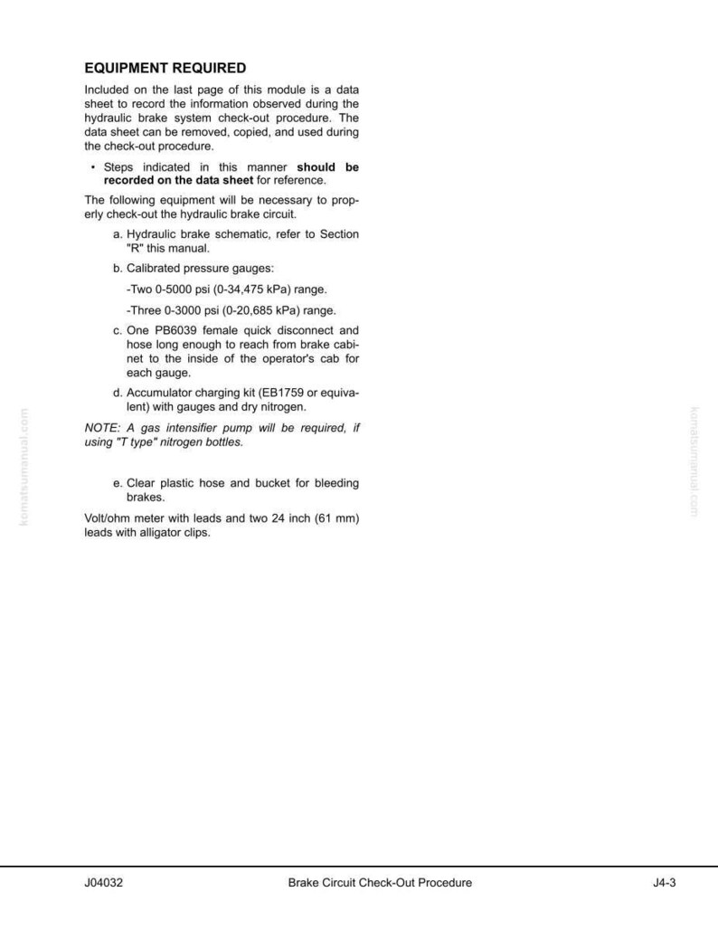 K&ouml;nnte beinhalten: Eine Manuellseite mit der &Uuml;berschrift &bdquo;BEN&Ouml;TIGTES ZUBEH&Ouml;R&ldquo; mit einer Liste der f&uuml;r ein hydraulisches Bremskreislauf-Check-out-Verfahren erforderlichen Werkzeuge. Der Text umfasst kalibrierte Manometer, ein Ladeset und ein Volt/Ohm-Messger&auml;t mit 61 mm Leitungen.
