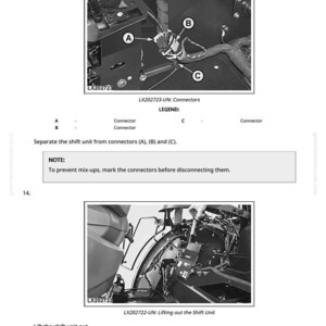 May include: Black and white technical diagram showing the removal of a shift unit. The image includes close-ups of connectors labeled A, B, and C, and the text "LX202723-UN: Connectors". Instructions are provided to separate the shift unit.