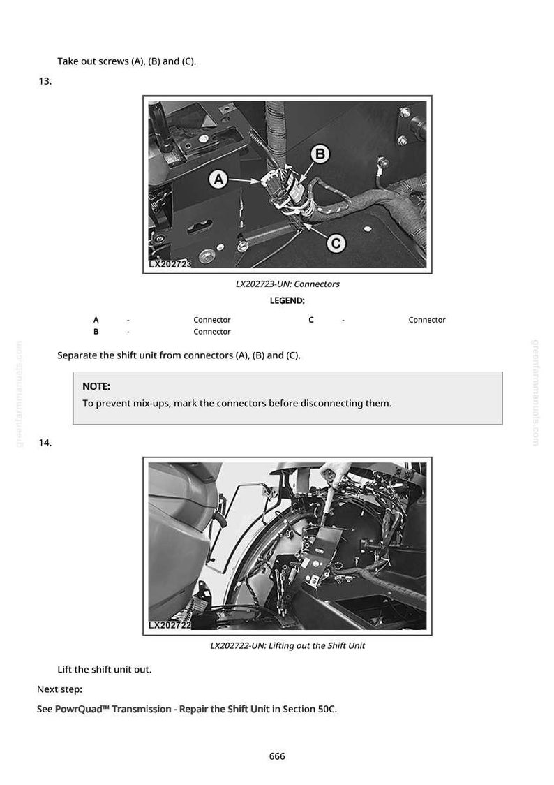 May include: Black and white technical diagram showing the removal of a shift unit. The image includes close-ups of connectors labeled A, B, and C, and the text "LX202723-UN: Connectors". Instructions are provided to separate the shift unit.