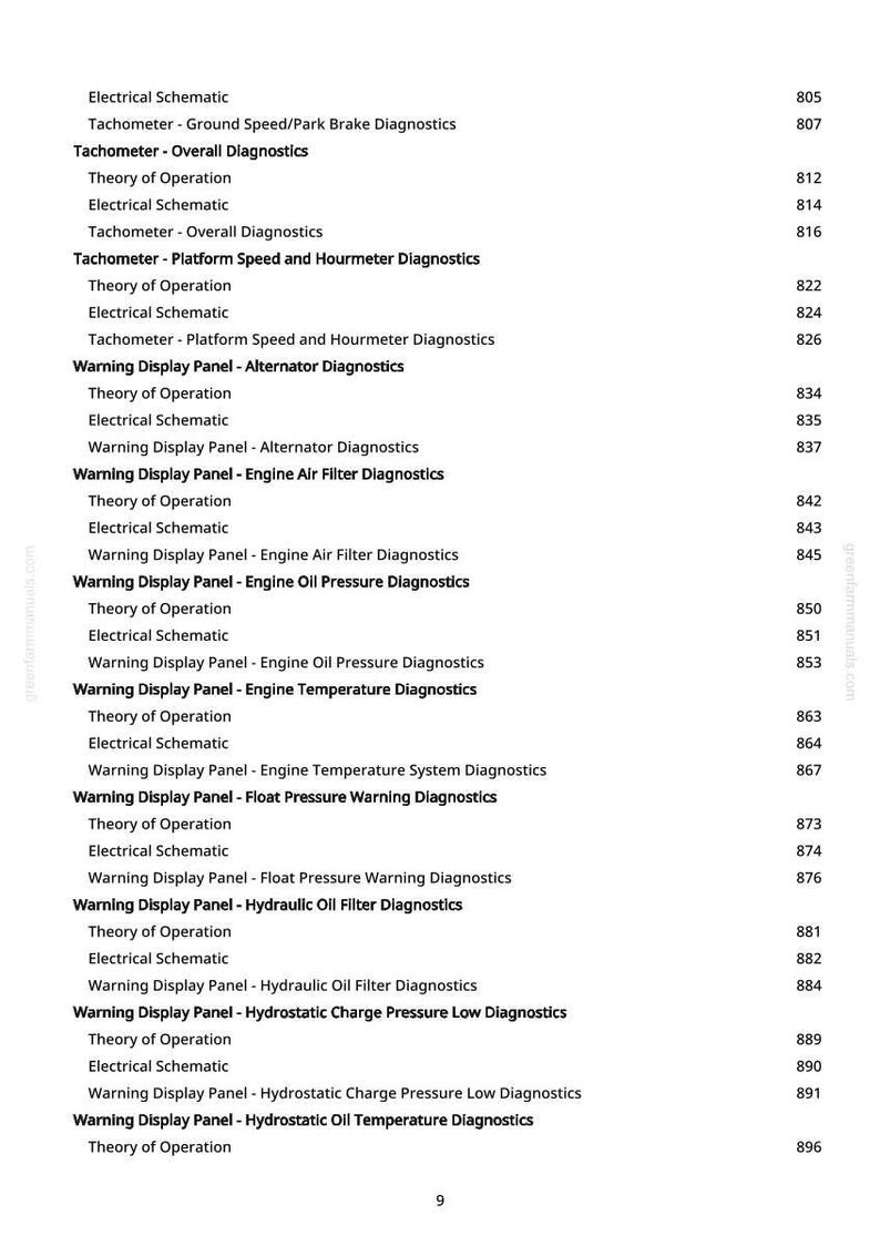 May include: A manual page detailing electrical schematics and diagnostic topics, such as tachometer and warning display panel information. The page number is 9.