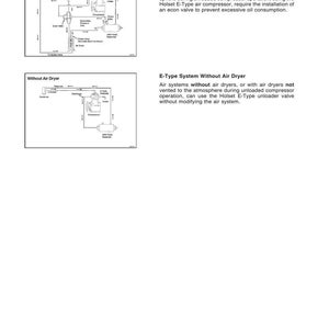 May include: Diagrams of air equipment systems, including "E-Type System With Air Dryer" and "E-Type System Without Air Dryer." The diagrams show the components and flow of air in the systems, with labels and arrows indicating the direction of air movement. Text provides additional information.