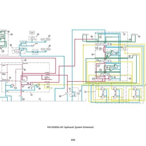 May include: A detailed schematic of a hydraulic system, featuring a complex network of lines in red, yellow, green, and blue. The diagram includes various components and labels, with the text "YN1243056-UN: Hydraulic System Schematic" at the bottom.