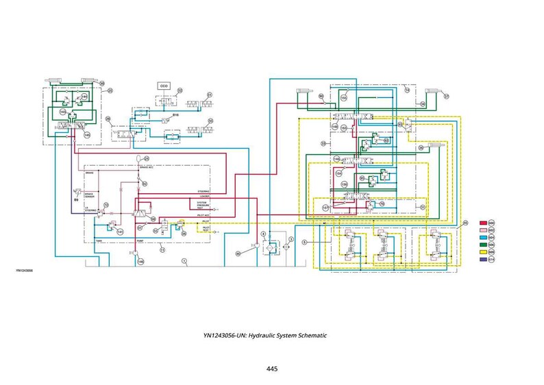 May include: A detailed schematic of a hydraulic system, featuring a complex network of lines in red, yellow, green, and blue. The diagram includes various components and labels, with the text "YN1243056-UN: Hydraulic System Schematic" at the bottom.