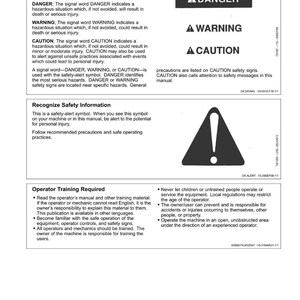 May include: A safety manual page with safety information. The page includes the words "DANGER", "WARNING", and "CAUTION" in bold text. A black and white exclamation point symbol is also present.
