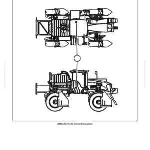 May include: Black and white line drawing of a hydraulic oil reservoir and a vehicle. The text "R1 - Hydraulic Oil Reservoir" is at the top. The text "BM024673-UN: General Location" is at the bottom.