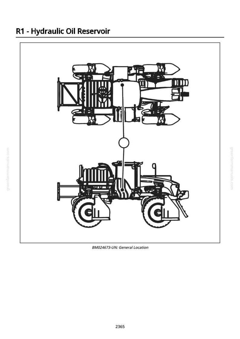 May include: Black and white line drawing of a hydraulic oil reservoir and a vehicle. The text "R1 - Hydraulic Oil Reservoir" is at the top. The text "BM024673-UN: General Location" is at the bottom.