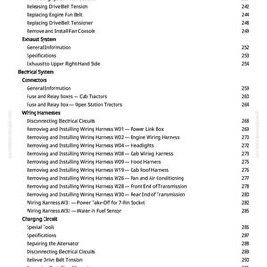 May include: A manual page detailing vehicle maintenance topics. The contents include sections on electrical systems, wiring harnesses, and exhaust systems, with page numbers listed.