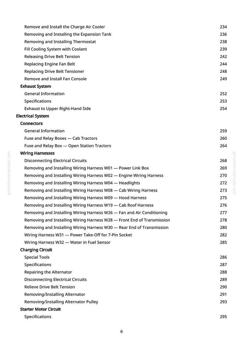May include: A manual page detailing vehicle maintenance topics. The contents include sections on electrical systems, wiring harnesses, and exhaust systems, with page numbers listed.