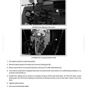 Pu&ograve; includere: Schema delle valvole di controllo selettive e regolazione del cavo Bowden. L'immagine include viste ravvicinate del pannello di controllo e dei componenti del cavo, con etichette e istruzioni per l'allineamento e l'accoppiamento. Il testo include i passaggi di regolazione e le misure in mm.