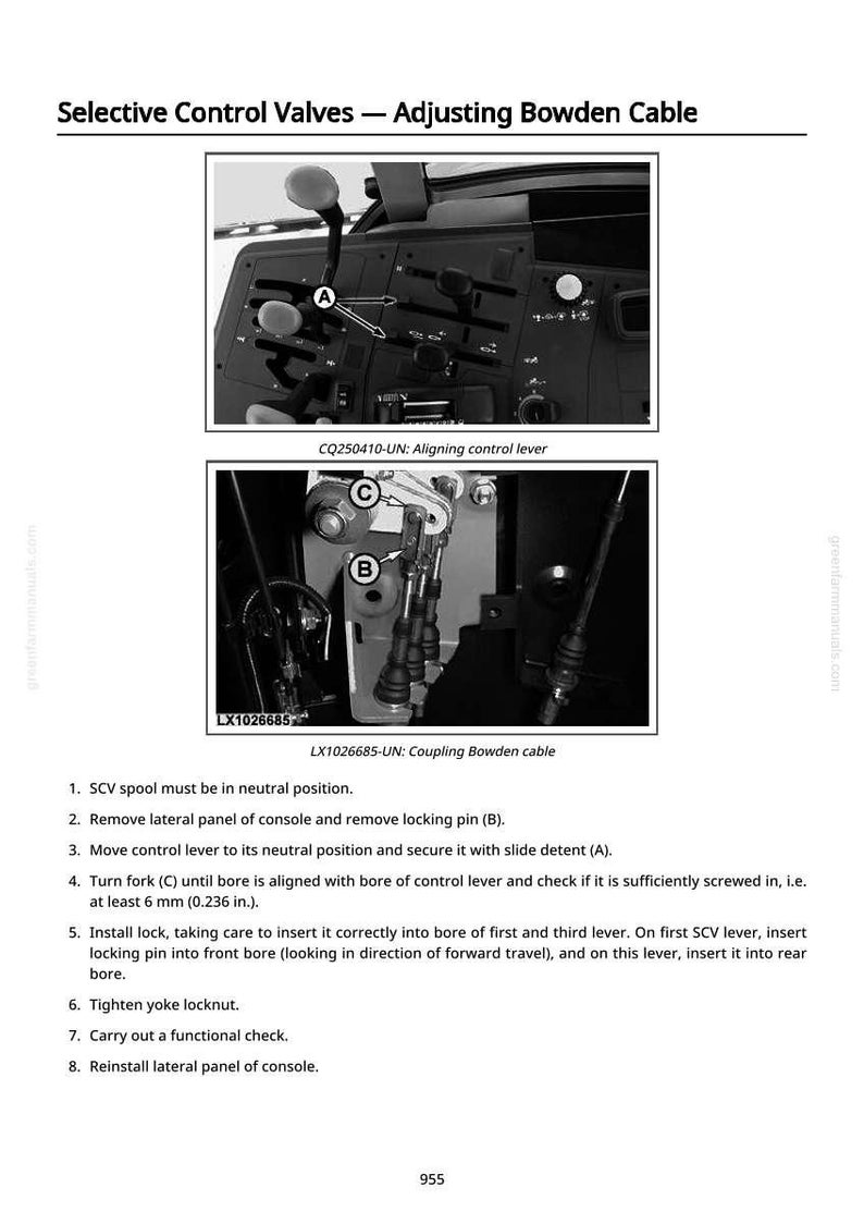 Pu&ograve; includere: Schema delle valvole di controllo selettive e regolazione del cavo Bowden. L'immagine include viste ravvicinate del pannello di controllo e dei componenti del cavo, con etichette e istruzioni per l'allineamento e l'accoppiamento. Il testo include i passaggi di regolazione e le misure in mm.