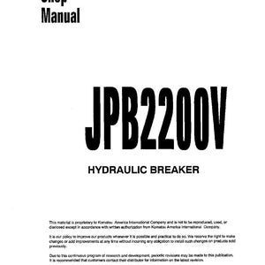 Op de afbeelding: Een witte werkplaatshandleiding met de tekst "Shop Manual" bovenaan. De handleiding bevat de vetgedrukte tekst "JPB2200V" en "HYDRAULIC BREAKER". Het document bevat copyrightinformatie en revisiegegevens.