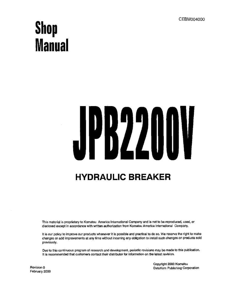 Op de afbeelding: Een witte werkplaatshandleiding met de tekst "Shop Manual" bovenaan. De handleiding bevat de vetgedrukte tekst "JPB2200V" en "HYDRAULIC BREAKER". Het document bevat copyrightinformatie en revisiegegevens.