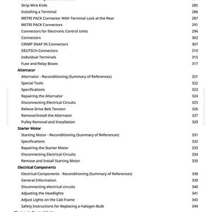 May include: A page from a manual with a table of contents. The text includes topics like "Special Tools", "Alternator", "Starter Motor", and "Electrical Components", with corresponding page numbers.